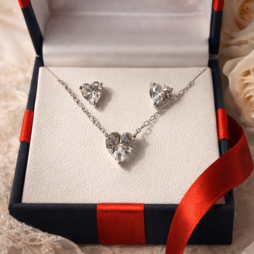 Sterling Silver White Sapphire Heart Necklace & Earrings Set NWT Gift Box